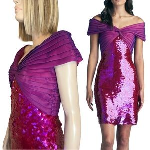 SHO by Tadashi Shoji Cocktail Dress Hot Pink Sequins Off Shoulder Sheath Party